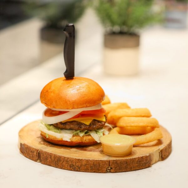 burger and onion rings